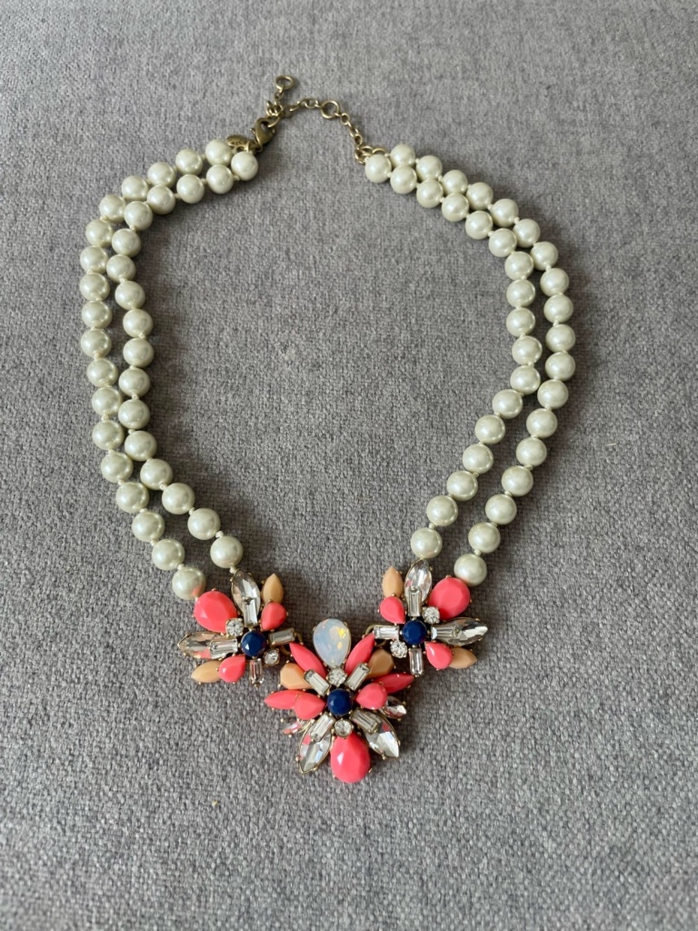J Crew Pearl Double-Strand Necklace with Coral Flower Accents Statement Gems